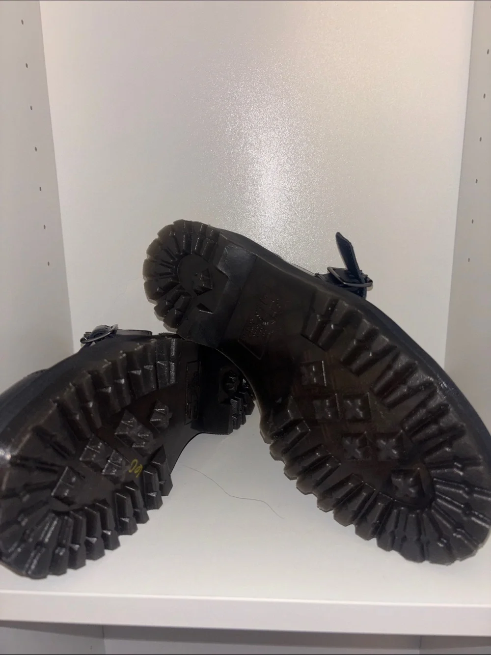 Dr. Martens Black Mary Jane Platform Shoes with Yellow Stitching